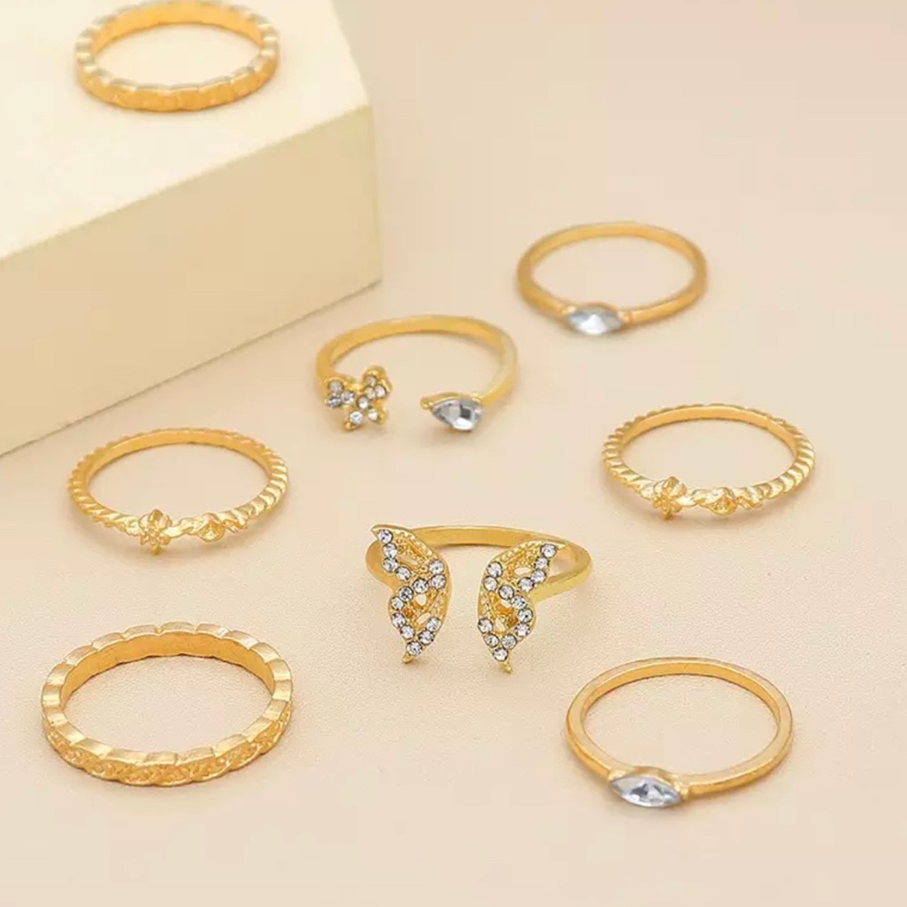 Rhinestone Gold Ring Set of 8 - Picture 3 of 5